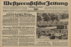 Titelseite einer deutschen Zeitung vom 13. November 1939 mit der Schlagzeile "Weitpreubliche Zeitung", die eine Gruppe von Menschen in traditioneller deutscher Kleidung zeigt, die feierlich wirkt.