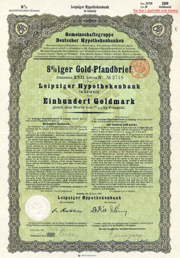 Ein grünes Aktienzertifikat der Leipziger Hypothekbank mit gedrucktem Text und einem Stempel.