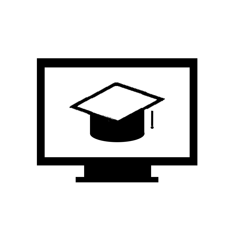 Schwarzer und weißer Abschlusshut auf einem Computerbildschirm, symbolisiert Bildung im Internet.