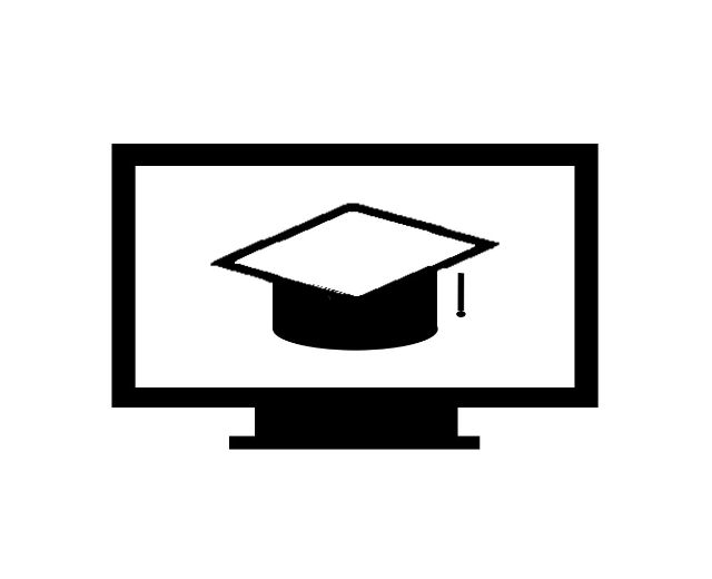 Schwarzer und weißer Abschlusshut auf einem Computerbildschirm, symbolisiert Bildung im Internet.