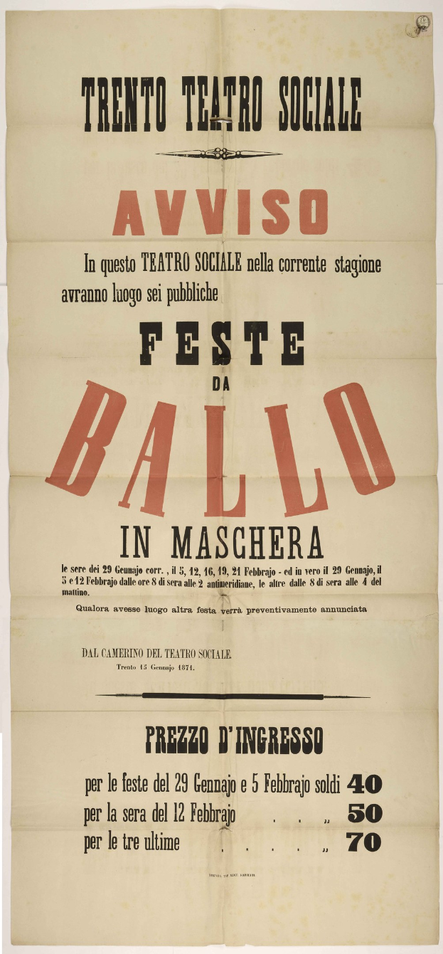 Plakatankündigung für ein altes Festival in Maschera, Italien mit Text zur Beschreibung des Ereignisses.