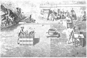 Ein schwarz-weißes 18. Jahrhundert-Etikett einer Kohlemine, das eine Gruppe von Menschen in einer fabrikähnlichen Umgebung mit Tischen und anderen Gegenständen zeigt.