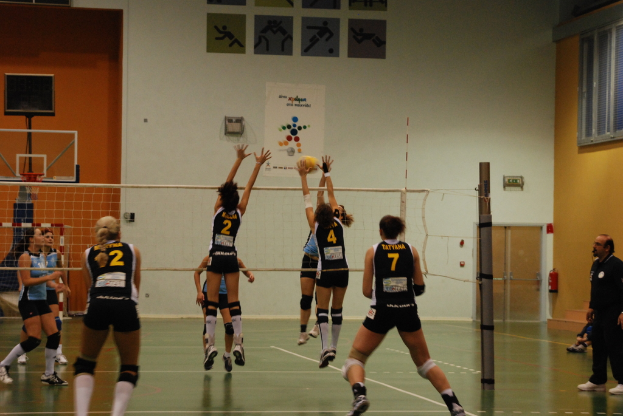 Ein Volleyballspiel in vollem Gange auf einem Indoor-Court, mit aktiv beteiligten Spielern, einem Basketballkorb und verschiedenen architektonischen Elementen wie Fenstern und Türen im Hintergrund.