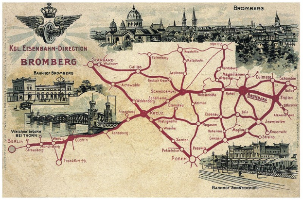 Ausführliche Plakatkarte von Bromberg, Deutschland, mit Straßen, Sehenswürdigkeiten, Gebäuden, Bäumen, einer Brücke und informativen Texten über die Geschichte und Attraktionen der Stadt.