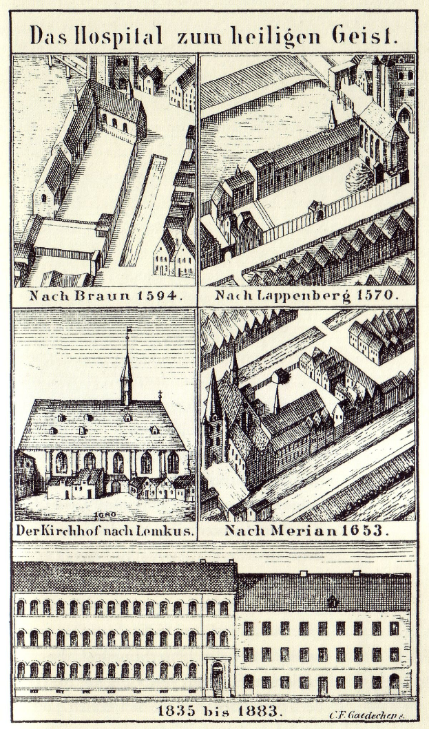 Eine detaillierte Plakatillustration eines deutschen Krankenhauses, das Gebäude mit Fenstern, Türen und Balkonen zeigt, begleitet von Text, der seine Größe, Lage und Merkmale beschreibt.