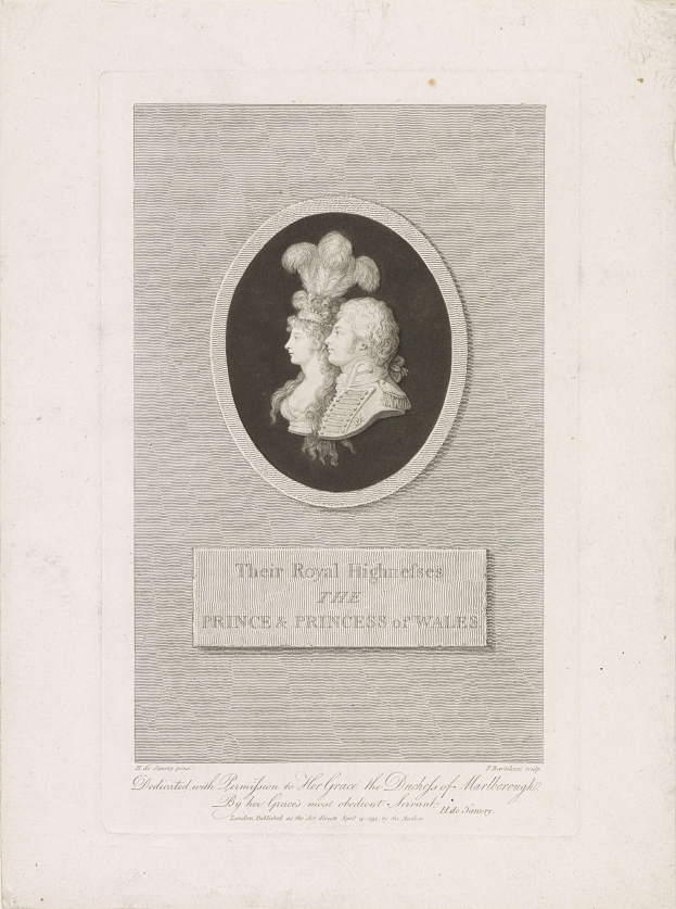 Schwarzes und weißes Papier mit einem Foto des Prinzen und der Prinzessin von Wales sowie gedrucktem Text.