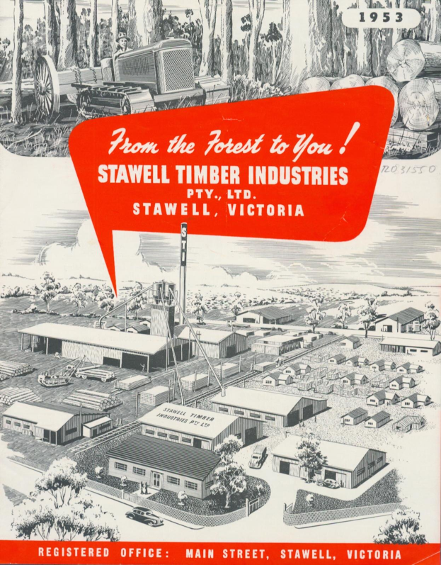 Eine Werbung von Stawell Timber Industries aus dem Jahr 1953 mit Gebäuden, Bäumen, Fahrzeugen und Holzstämmen.