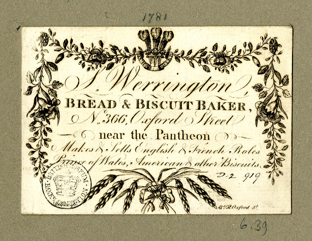 Eine alte Visitenkarte mit einer Zeichnung eines Bäckers und Text über ein Brot- und Gebäckbäckerei.