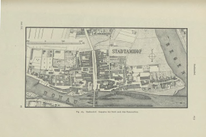 Ein detaillierter alter Stadtplan von Stadtamhof, Deutschland, der Straßen, Gebäude und Sehenswürdigkeiten mit Textanmerkungen zeigt.