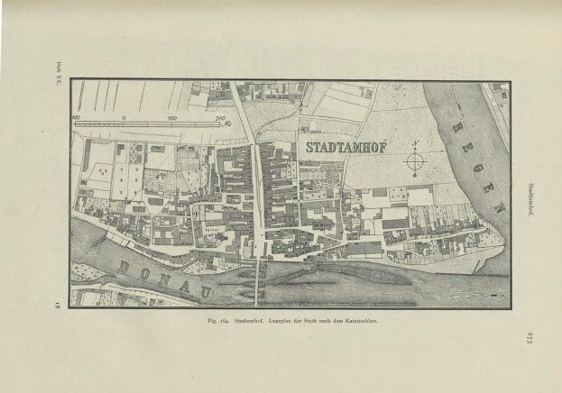 Ein detaillierter alter Stadtplan von Stadtamhof, Deutschland, der Straßen, Gebäude und Sehenswürdigkeiten mit Textanmerkungen zeigt.