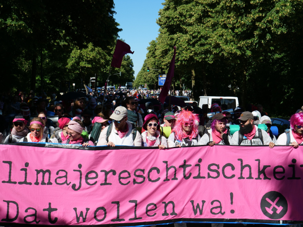 Eine Gruppe von Menschen marschiert mit einem pinken Banner "Frauenmarsch in Berlin" die Straße entlang, einige tragen Mützen und Goggles, andere halten Fahnen, vor dem Hintergrund von Bäumen, Fahrzeugen und Himmel.