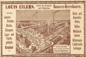 Eine alte Werbung für die Louis Eilers Hannover-Herrenhausen-Fabrik, die das Fabrikgebäude mit überlagertem Text zeigt.