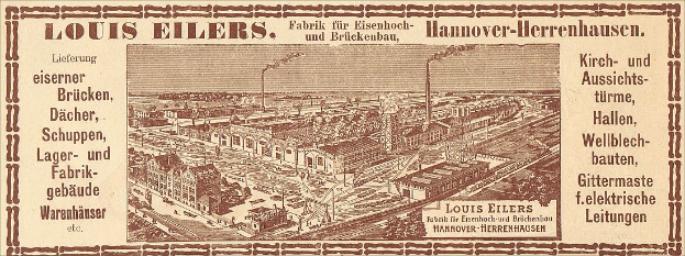 Eine alte Werbung für die Louis Eilers Hannover-Herrenhausen-Fabrik, die das Fabrikgebäude mit überlagertem Text zeigt.