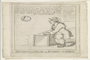 Eine Zeichnung einer Person, die vor einer Box steht und ängstlich nach oben schaut, mit dem Text "The Ghost of a Dollar or the Bankers Surprize" darüber.