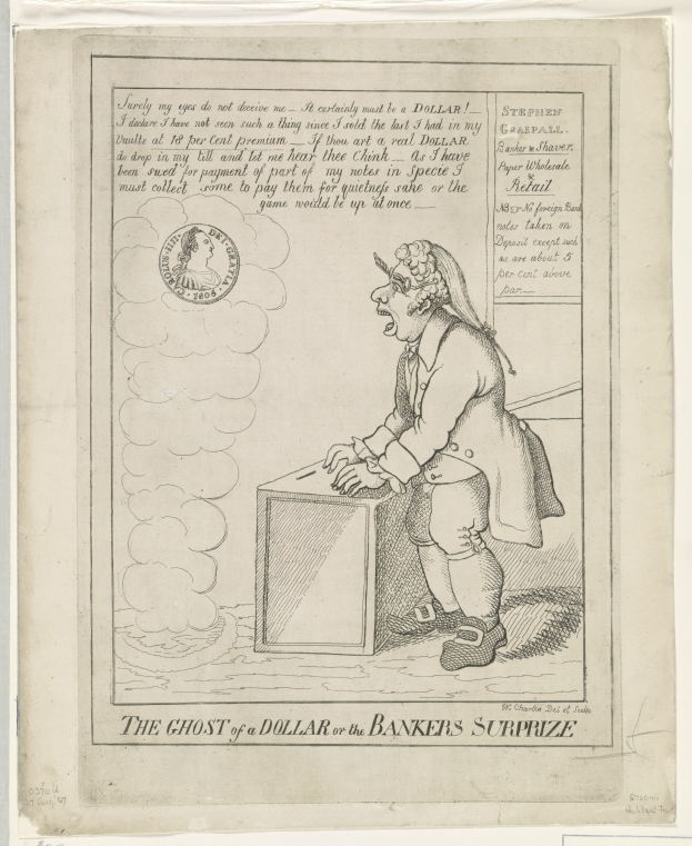 Eine Zeichnung einer Person, die vor einer Box steht und ängstlich nach oben schaut, mit dem Text "The Ghost of a Dollar or the Bankers Surprize" darüber.