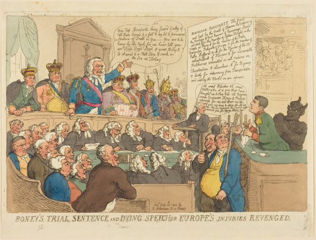Cartoon-Illustration eines Gerichtssaals mit dem Titel "Boney's Trial, Sentence, and Dying Speech Europe's Injuries Revenged", die eine zentrale stehende Person und sitzende Figuren mit einem Tisch voller Gegenstände rechts zeigt.