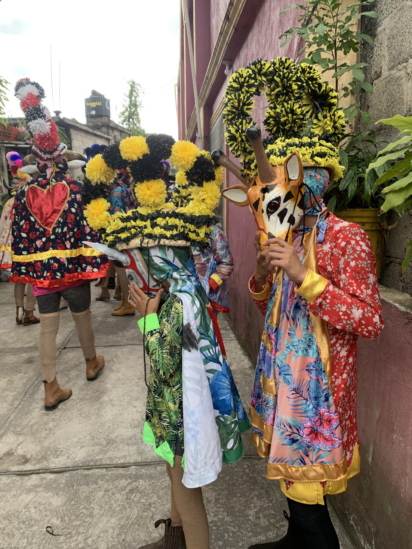 Eine Gruppe von Menschen in bunten Kostümen, die gemeinsam auf der Straße während eines Faschingsumzugs stehen und verschiedene Gegenstände halten, mit Bäumen, Gebäuden und einem klaren blauen Himmel im Hintergrund.