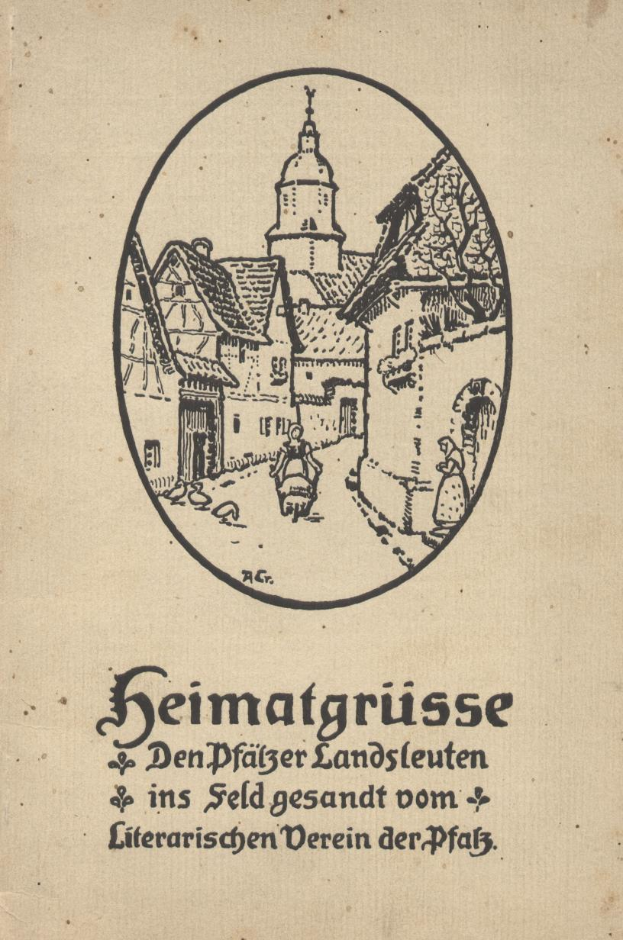 Ein altes Buchcover mit dem Titel "Seimatgrüße den Pfäiger Landsleuten" mit einer Zeichnung von ein paar Häusern und deutschem Text.
