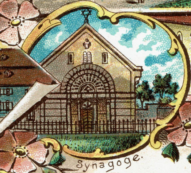 Ein Bild, das eine Kirche mit Blumen vorne zeigt, umgeben von Häusern, Bäumen, einem Zaun, Gras und einem bewölkten Himmel, mit der Beschriftung "Synagoge der Kirche des Heiligen Grabes" unten.