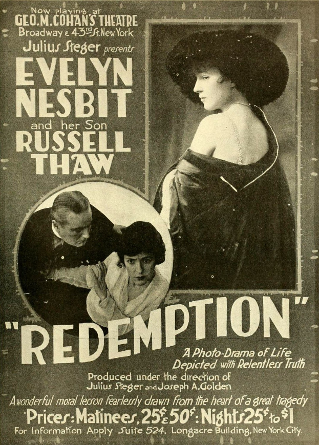 Alter Filmplakat für "Erlösung" mit Evelyn Nesbit und Russell Thaw, mit einem Frauengesicht in der Mitte und Text.