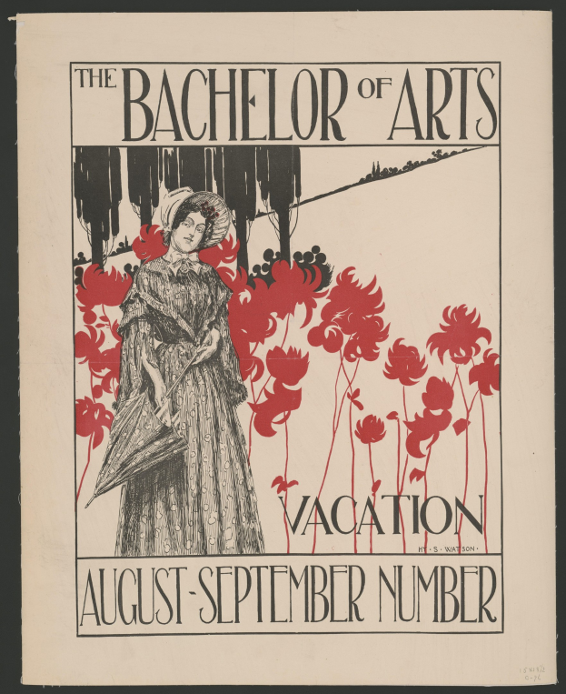 Plakat mit schwarzem Hintergrund, das eine Frau in einem weißen Kleid mit einem blauen Schal und einem weißen Hut zeigt, die in einem Feld gelber Blumen unter einem blauen Himmel steht, Text lautet "The Bachelor of Arts Vacation August-September Number" in weißer Schrift mit goldener Umrandung.