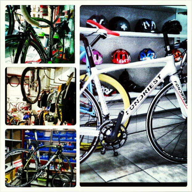 Eine Collage aus verschiedenen Fahrrädern und Helmen.