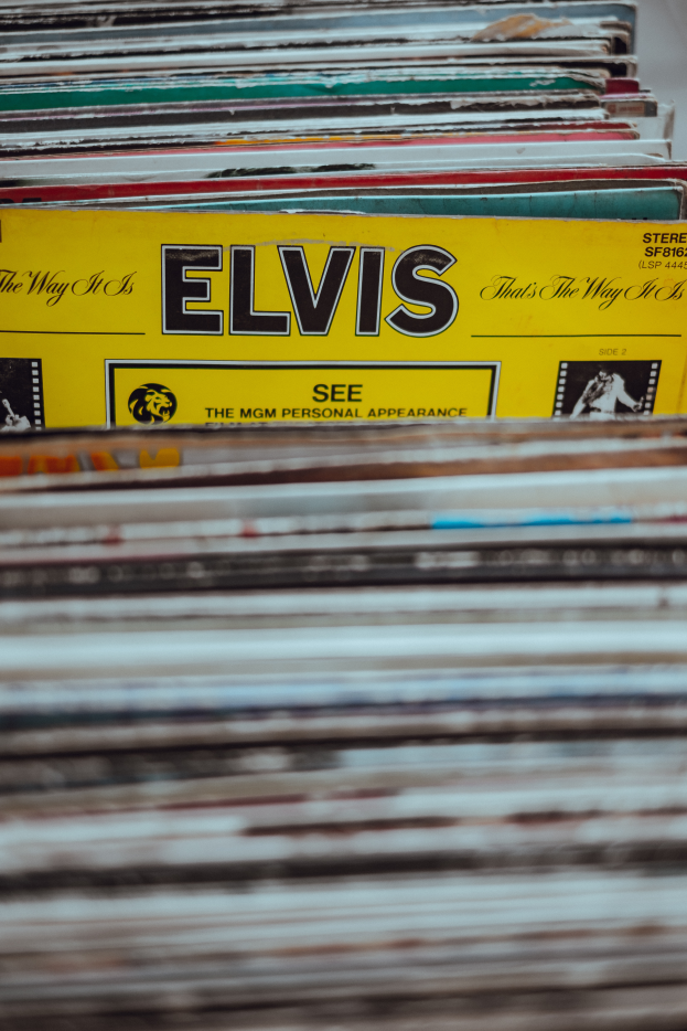 Ein ordentlicher Stapel Elvis-Presley-Platten auf einem Tisch, mit einigen Platten, die übereinanderliegen und Titel sichtbar sind, vor einem unscharfen Hintergrund.