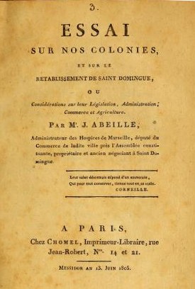 Titelblatt eines alten Buches namens "Essai sur nos Colonies, et sur l'Établissement de Saint-Domingue", das wahrscheinlich die französische Kolonialgeschichte und Saint-Domingue behandelt.