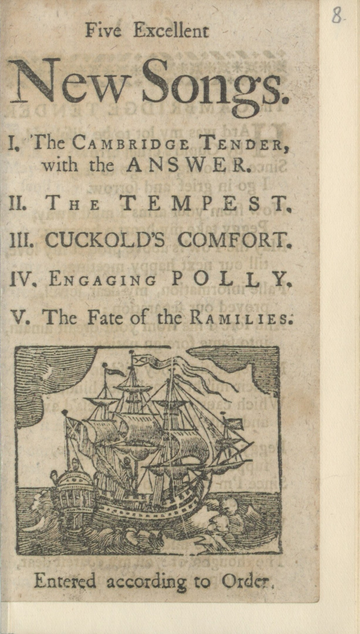 Altes Buchcover mit einem Segelschiff auf Wasser mit blauem Himmel und Wolken, betitelt "Fünf ausgezeichnete neue Lieder."