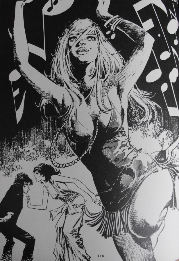 Ein Gemälde, das ein paar tanzende Menschen mit Noten oben zeigt.