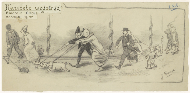 Gruppe von Menschen, die Hunde an der Leine führen, einige halten Seile, mit handgeschriebenem Text auf dem Papier.