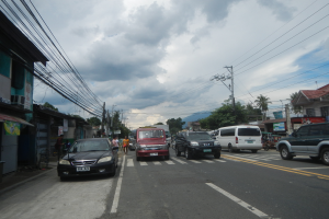 Eine Stadtstraße mit parkenden Autos, Fußgängern auf dem Gehweg, Gebäuden mit Fenstern, Strommasten mit Drähten, Bäumen und einem bewölkten Himmel.