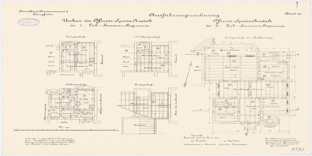 Ein detaillierter Grundrissplan des ehemaligen Arbeitszimmers des deutschen Bundeskanzlers, der den Aufbau des Gebäudes mit verschiedenen Räumen und Textanmerkungen zeigt.