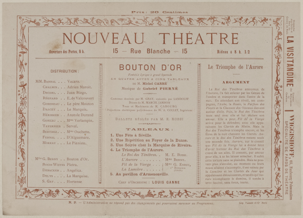 Eine alte Zeitungsannonce für das Nouveau Théâtre in Boulton, Frankreich, mit Text über die Angebote des Theaters.