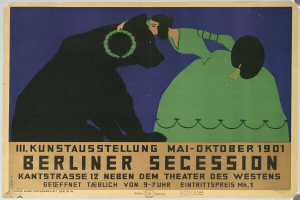 Ein Plakat der Berliner Secession mit einer Frau in einem grünen Kleid und einem Mann in einem schwarzen Anzug, mit Text, der das Ereignis beschreibt.