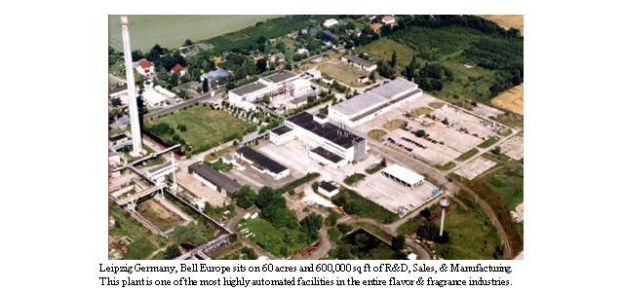 Luftaufnahme eines großen Industriegebiets in Leipzig, Deutschland, mit der Beschriftung "Bell Europe", das Gebäude, Bäume, Straßen und andere Infrastruktur zeigt.