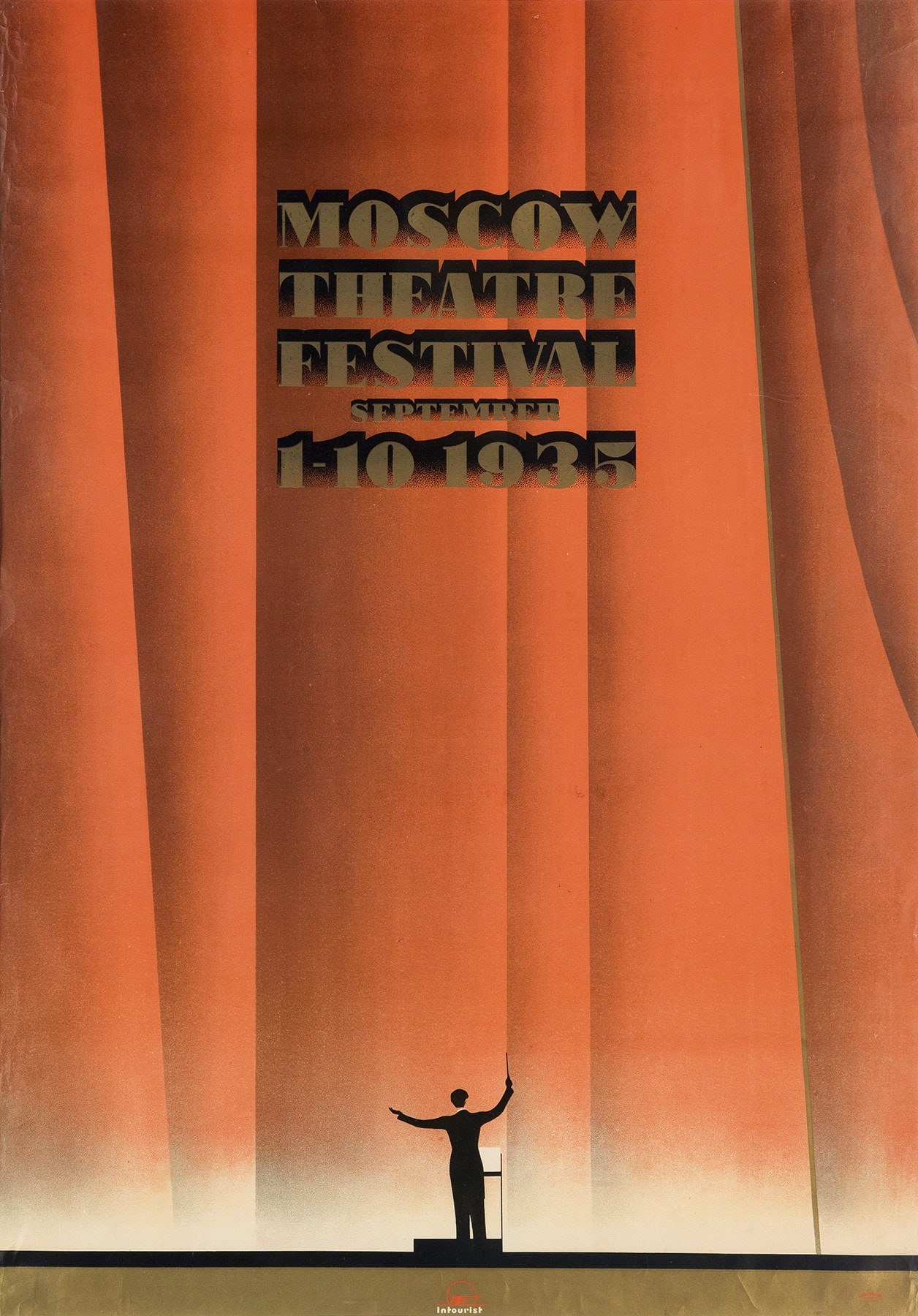 Plakat für das Moskauer Theaterfestival 1935 mit einer Person vor einem Vorhang mit Text