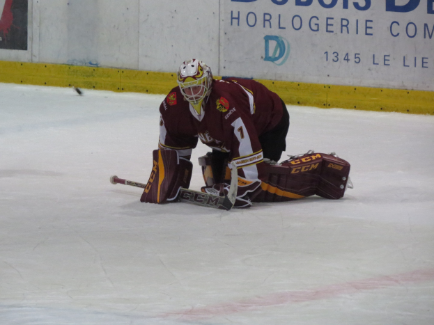 Eishockeyspieler in rot-gelbem Dress, der einen Schuss auf dem Eis hält, mit einer Wand und Text im Hintergrund.