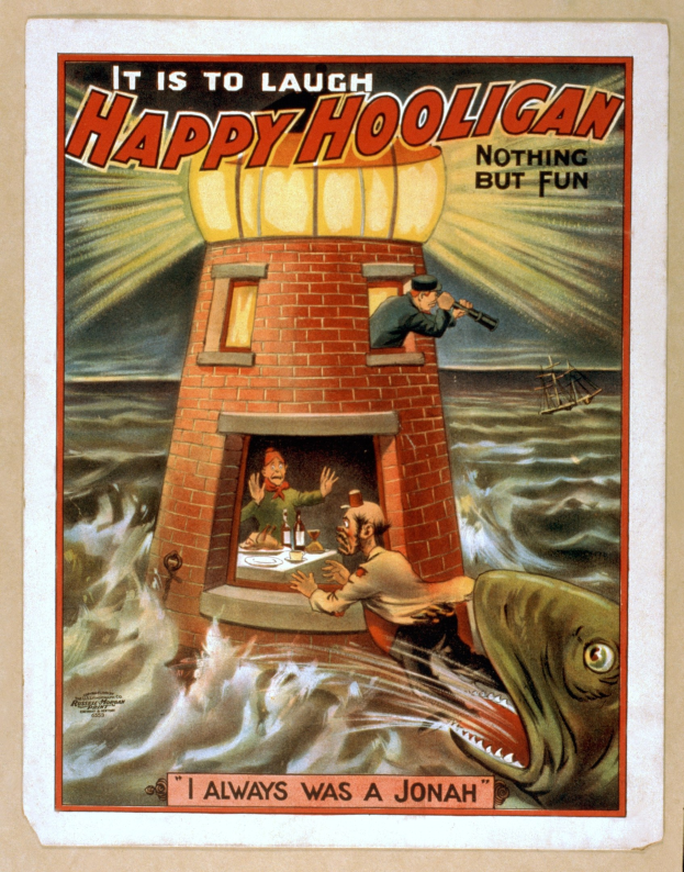 Plakat mit einem Leuchtturm, umgeben von Menschen, einem Fisch und Wasser, mit dem Text "Das ist zum Lachen, glücklicher Rowdy, nichts als Spaß" oben und unten.