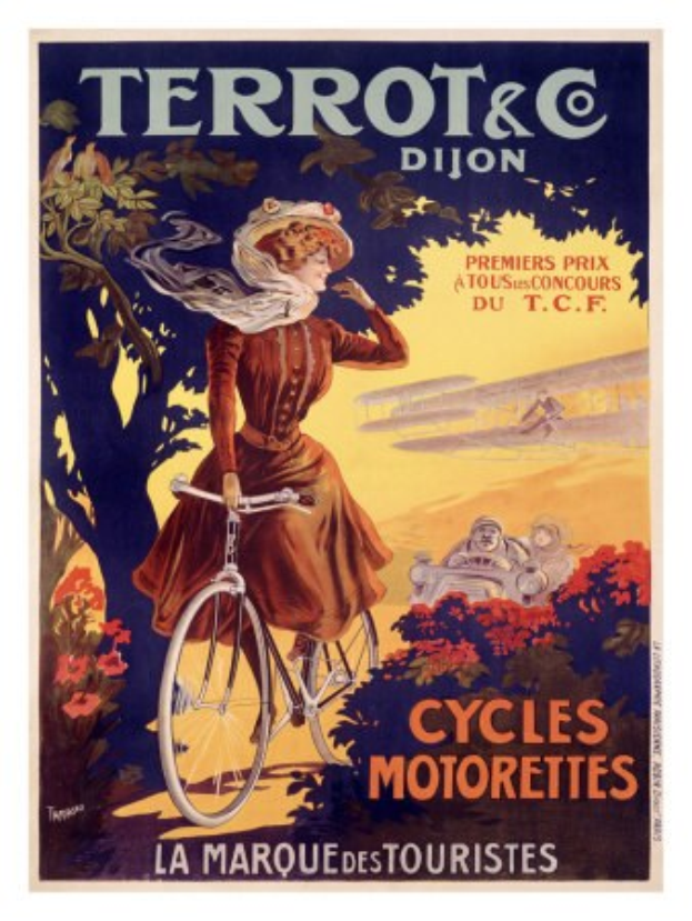 Ein Plakat, das eine Fahrradtour in Frankreich ankündigt, zeigt eine Frau, die ein Fahrrad fährt und von Bäumen, Blumen und anderen Menschen umgeben ist, mit Text, der die Tour beschreibt.