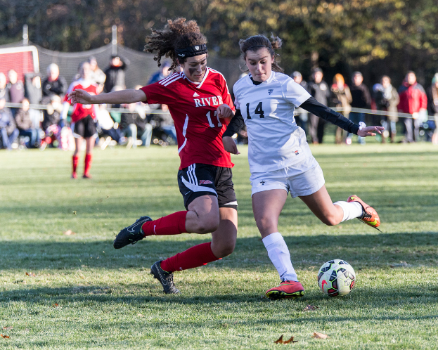 Zwei Personen laufen und spielen Fußball mit einer Gruppe von Menschen, einem Baum und einem Netz im Hintergrund.