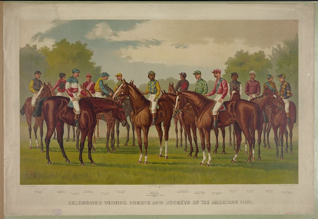 Eine Gruppe von Menschen, die auf einem grünen Feld mit Bäumen und einem blauen Himmel reitet, mit Text unten: "Feiernder Siegerpferde und Jockeys der American Turf."