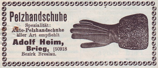 Ein altes deutsches Visitenkarte mit einem Handschuhpaar, mit Text, der den Inhalt beschreibt.