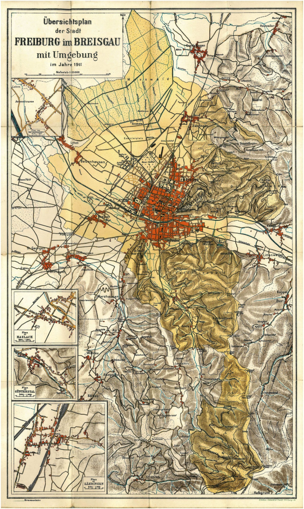 Detaillierte alte Karte von Freiburg, Deutschland, mit Straßen, Gebäuden und Sehenswürdigkeiten, mit Text oben und unten.