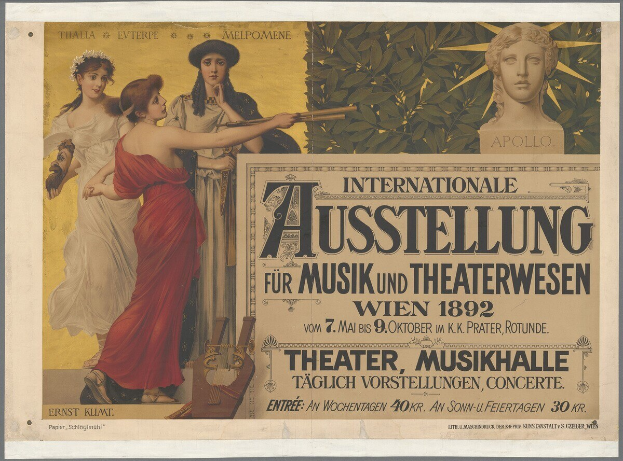 Plakat für die Internationale Ausstellung für Musik und Theaterwesen in Wien, das eine Gruppe von Menschen in einem Kreis mit einer Frau, die ein Musikinstrument hält, in der Mitte zeigt und Text mit Veranstaltungseinzelheiten.