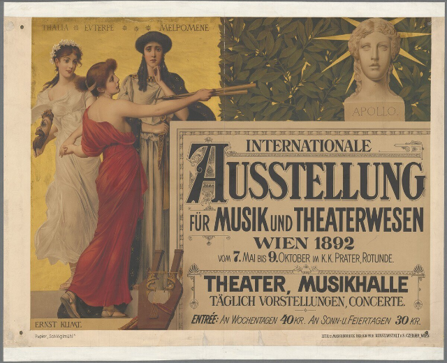 Plakat für die Internationale Ausstellung für Musik und Theaterwesen in Wien, das eine Gruppe von Menschen in einem Kreis mit einer Frau, die ein Musikinstrument hält, in der Mitte zeigt und Text mit Veranstaltungseinzelheiten.
