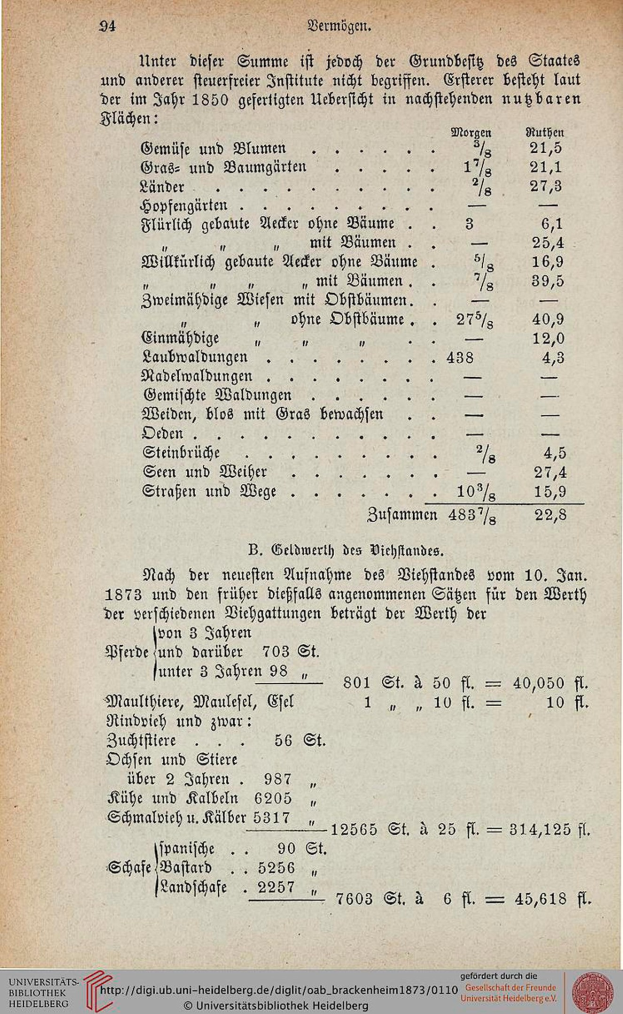 Titelblatt der 1873er Ausgabe der Universität Heidelberg mit Text- und Zahlenangaben zur Universitätsgeschichte.