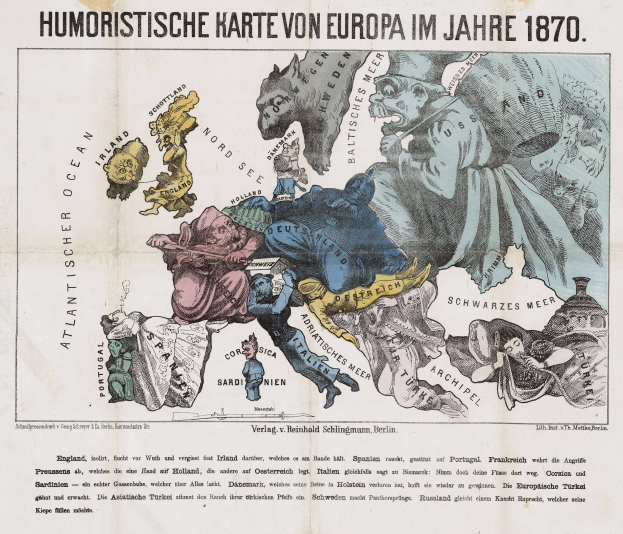 Ein Plakat mit der Aufschrift "Humoristische Karte von Europa im Jahre 1870" und einer Karte von Europa umgeben von Cartoon-Bildern.