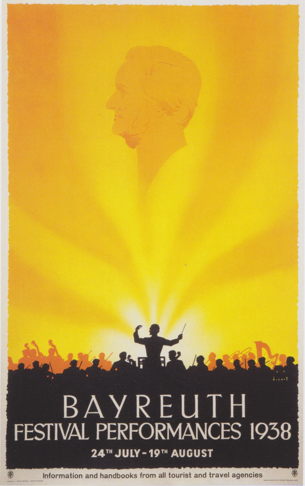 Ein Plakat für die Bayreuth Festival-Aufführungen 1938, das eine zentrale Figur umgeben von einer Gruppe von Menschen zeigt, mit Texten, die Festival-Informationen bereitstellen.