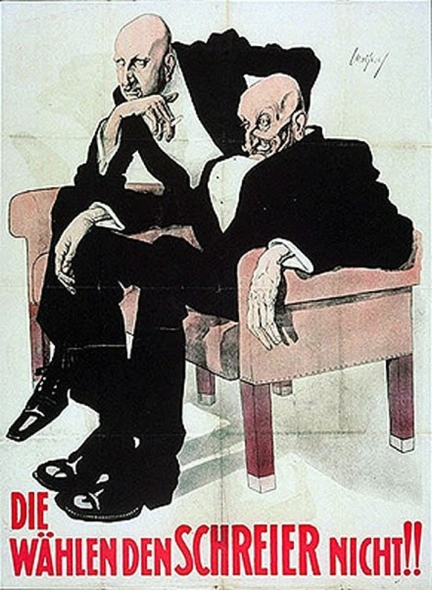 Deutsches Propagandaplakat für die NSDAP mit zwei Männern auf einem Sofa.
